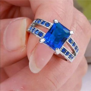 New Blue Sapphire & Crystal Ring  Rhodium Plated